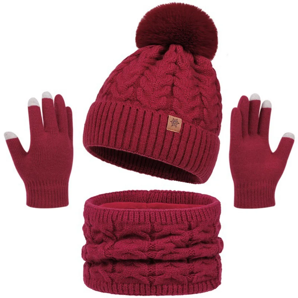 Verdickte Frauen Hut Schal Handschuhe Set Einfarbig Beanie Hut Winter Stricken Handschuhe Set Atmungsaktive Thermische Pompom Mützen Hut