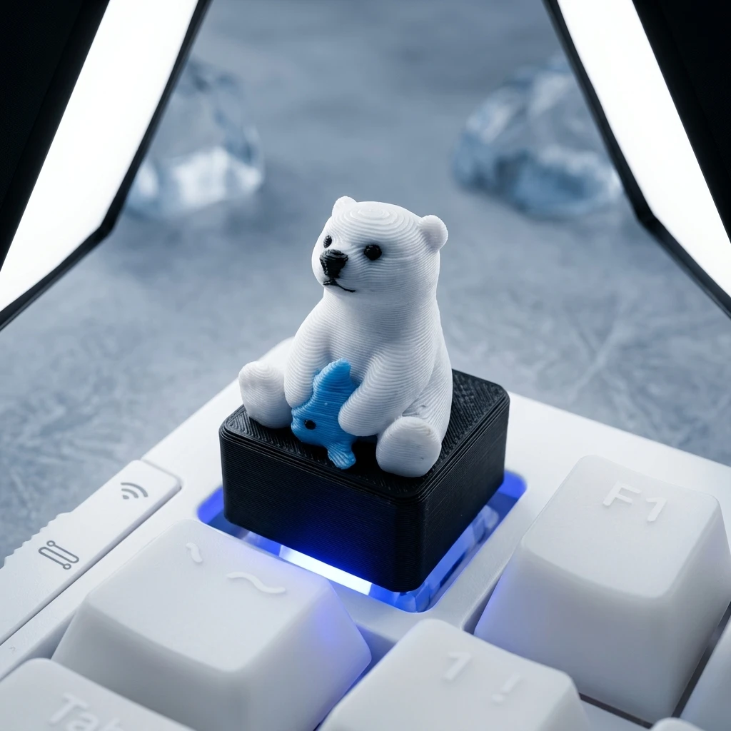 Cute Polar Bear Artisan Keycap 3D Printed White Bear Holding Fish Cap Cherry MX Switch Mechanical Keyboard Desk Setup Gift