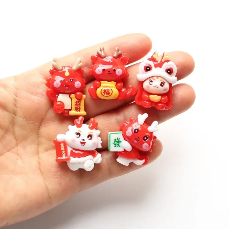 5pcs Happy New Year Dragon Baby Red Lucky Animal Festival Gift DIY Jewelry Resin Clip Book Hairpin Headrope Phone Shell Decor