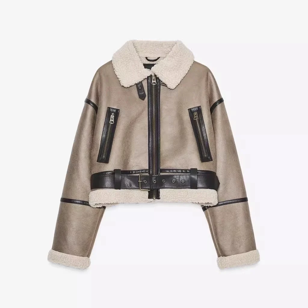 

Women's Biker Sle ort Jaet Stand Collar Fur Leather Inteated Autumn Winter Warm Slim Fit Neutral Faion Zipper Closure