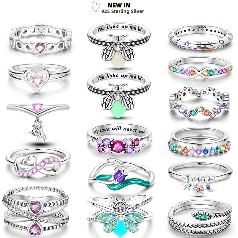 Luminous Firefly 925 Sterling Silver Ring Sparkling Rainbow Color Heart Wishbone Flower Original Rings For Women Wedding Jewelry