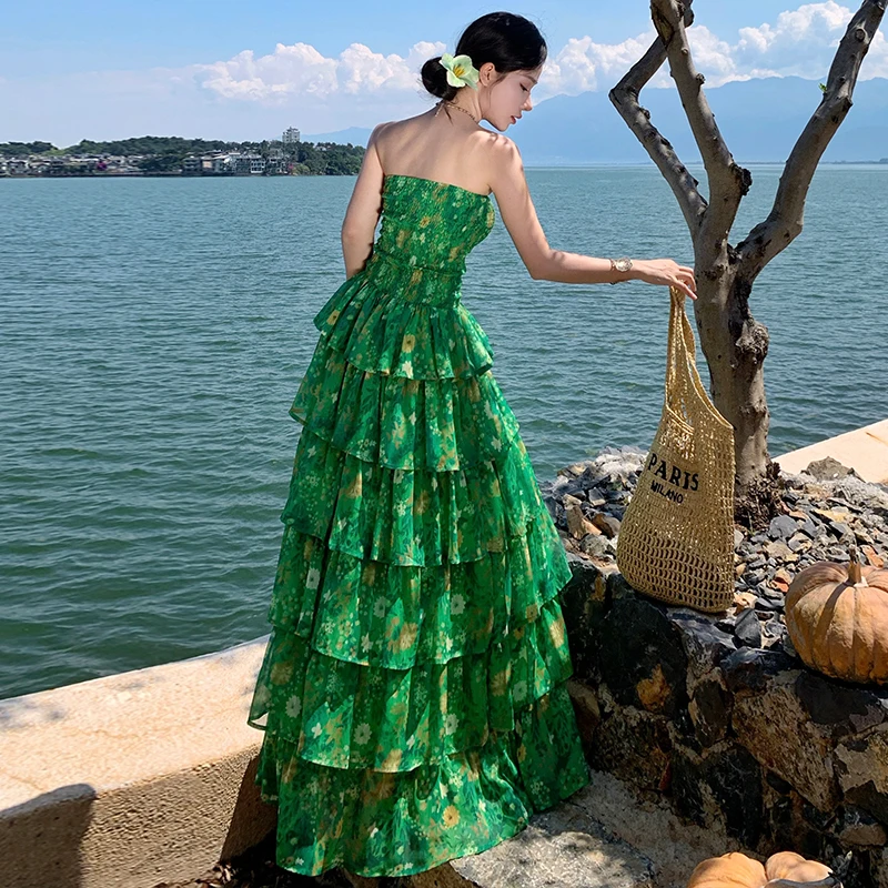 Nueva moda de las mujeres de un solo hombro vestido de gasa estampado verde elegancia con volantes falda de pastel escalonado evento fiesta Vestidos de graduación vestido
