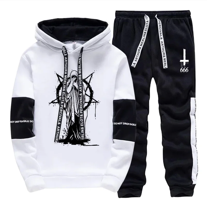 Fall/winter Popular Men's Tracksuit Hoodies Sweatpants 2 Piece Set Satan Pattern Print Sweatshirts Inverted Cross 666 Trousers
