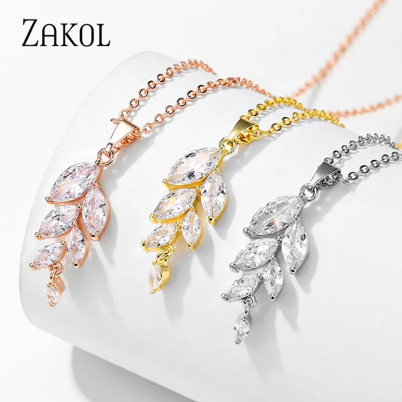 ZAKOL Poland Style Cubic Zirconia Leaf Hook Earrings Necklace Set for Women Elegant Bridal Wedding Party Jewelry Dress