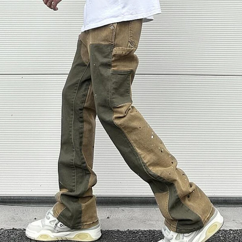 Splash Ink Painted Washed Micro Elastic Denim Logging Pants Men's Patchwork Baggy Y2K Jeans Oversized Casual Cargo Trousers