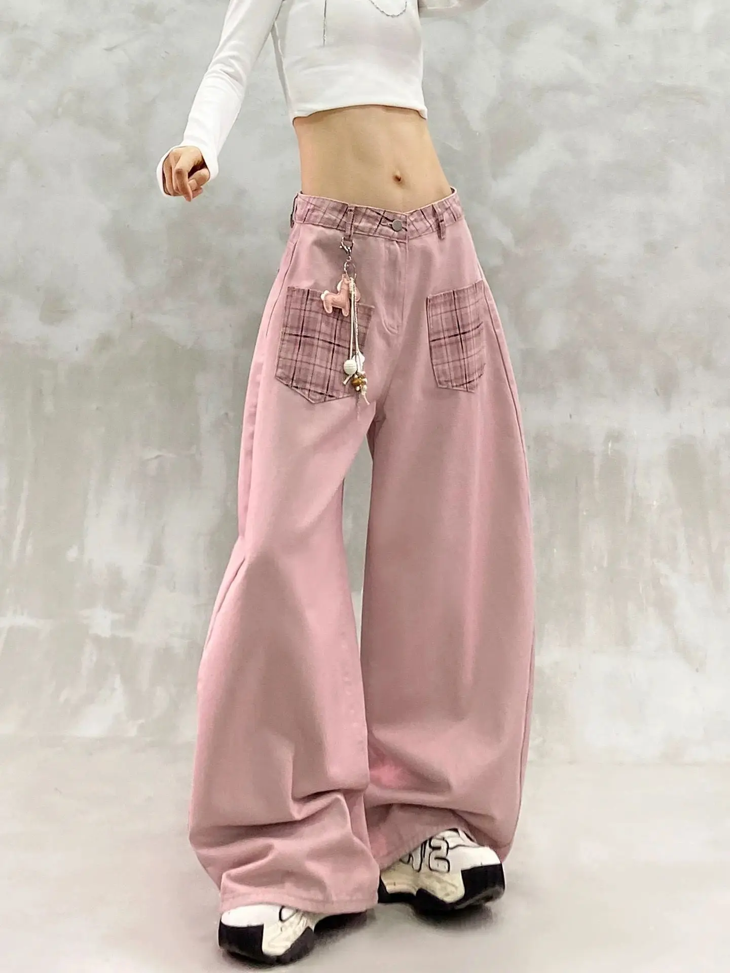 

Y2K Curved Knife Denim Pants High Waist Loose Fit Washed Casual Pocket Design Drape Slimming Banana Pants for Women Spring