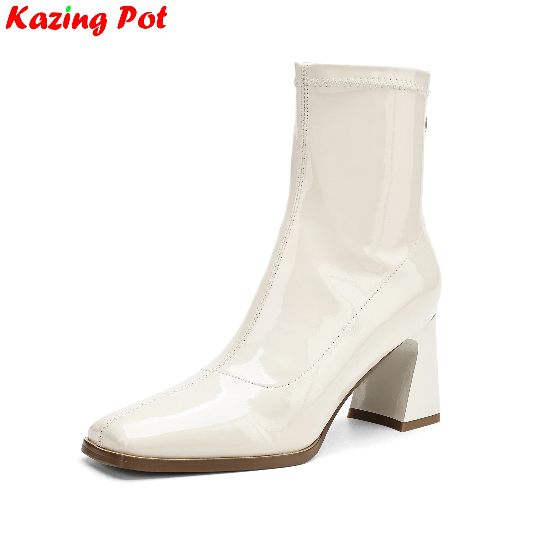 

Krazing Pot Big Size Microfiber Chunky High Heels Modern Stretch Boots Casual Winter Autumn Dating Elegant Ins Women Ankle Boots