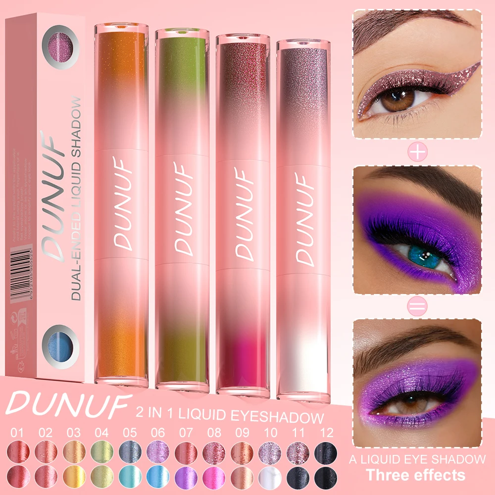 DUNUF Doppelkopf-flüssiger schwarzer Lidschatten, glänzend, langlebig, wasserfest, Lidschatten-Palette, Glitzer-Augen, koreanisches Make-up, Kosmetik