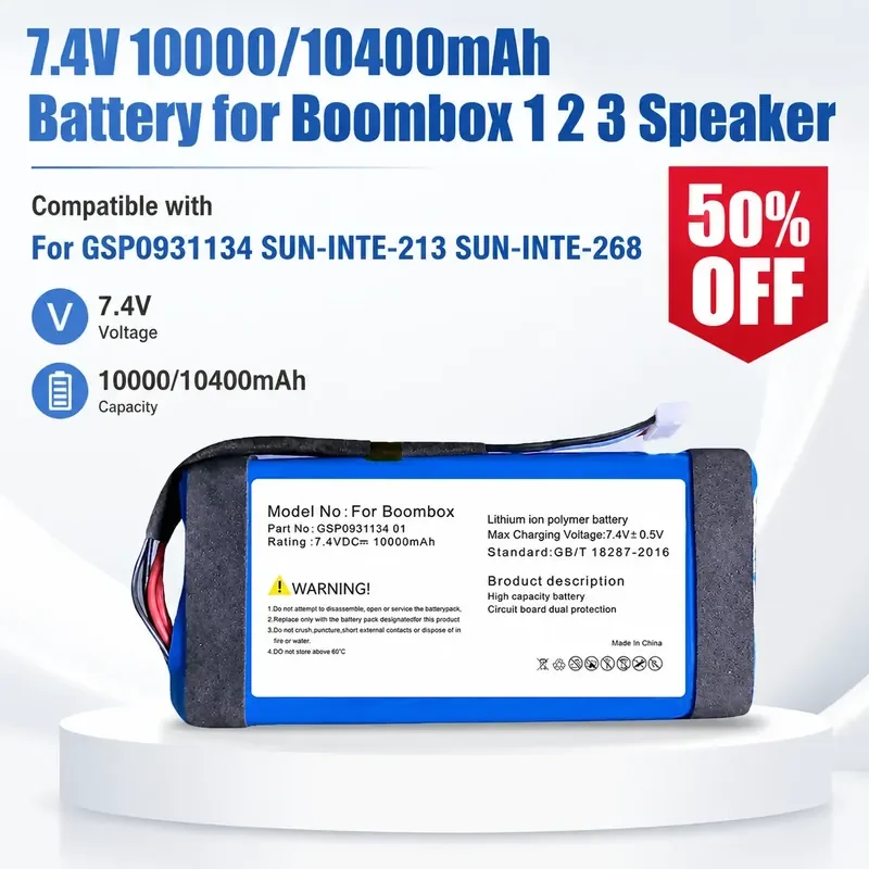 

7.4V 10000/10400mAh Battery for Boombox 1 2 3 Speaker, Compatible with GSP0931134 SUN-INTE-213 SUN-INTE-268