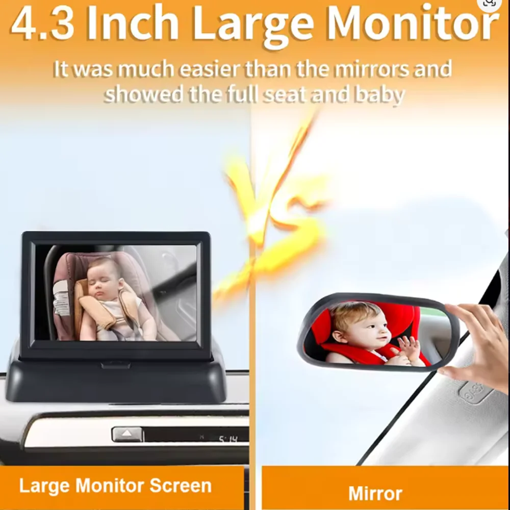 Rear View Monitor 4.3 inch CCD HD Screen Baby Car Mirror Adjustable Wide View Angle for Infants Kids Pets Night Vision Function