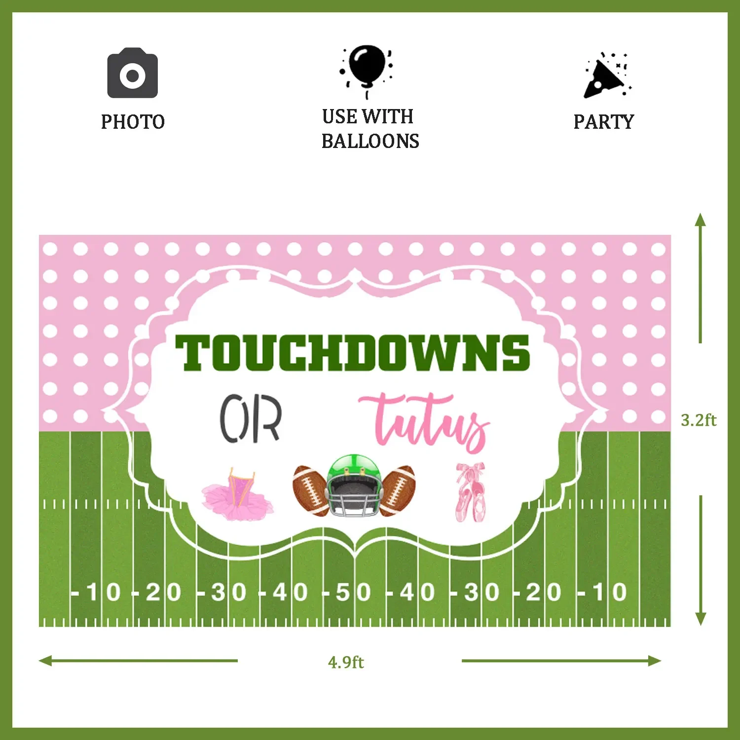 Gender Reveal Backdrop for Party Decor, Rugby Touchups, Tutus, Boy or Girl, Ballet, Football Banner Supplies