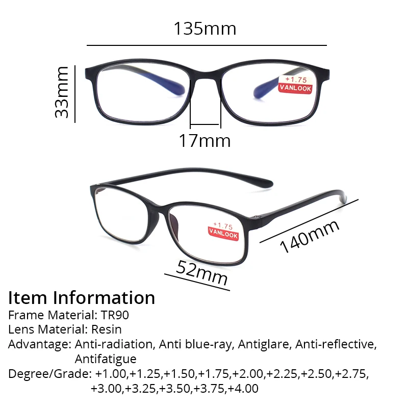 TR90 Lesebrille Männer Frauen Anti Blue Ray Objektiv Mit Dioptrien + 1 + 125 + 1,50 + 175 + 200 + 225 + 250 + 275 + 300 + 325 + 350 + 375 + 400 – Detail 4