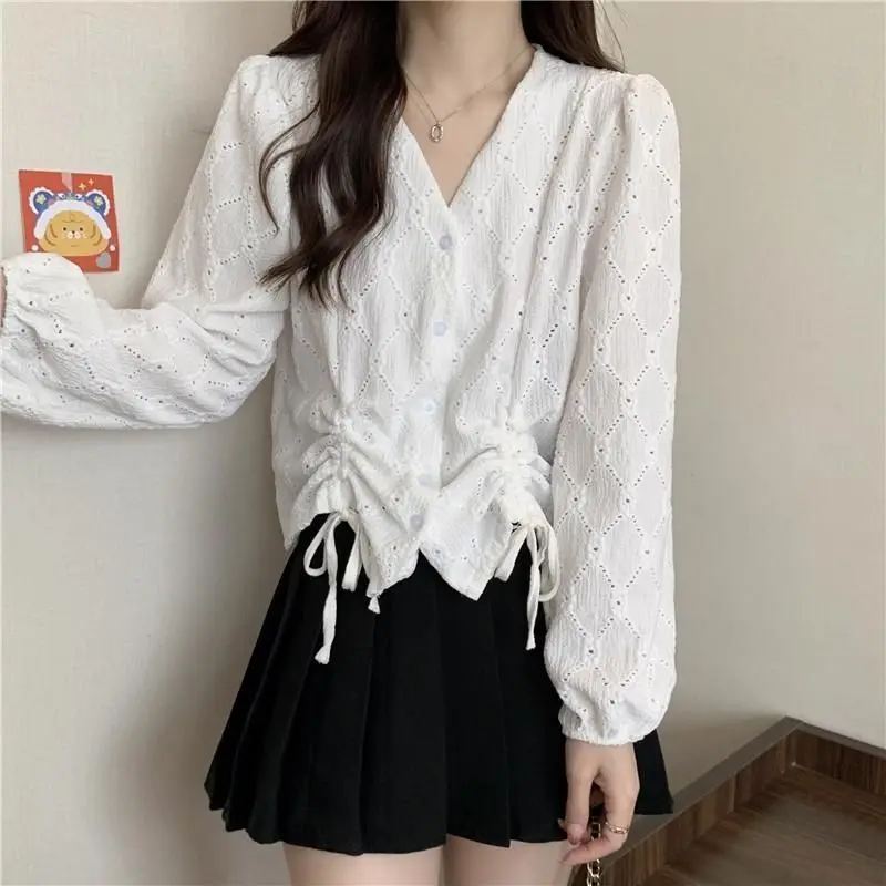 Long Sleeves V-neck Hollow Out Shirt for Women\'s Spring Autumn Unique Double Drawstring Stylish Chic Beautiful Small Shirt Top