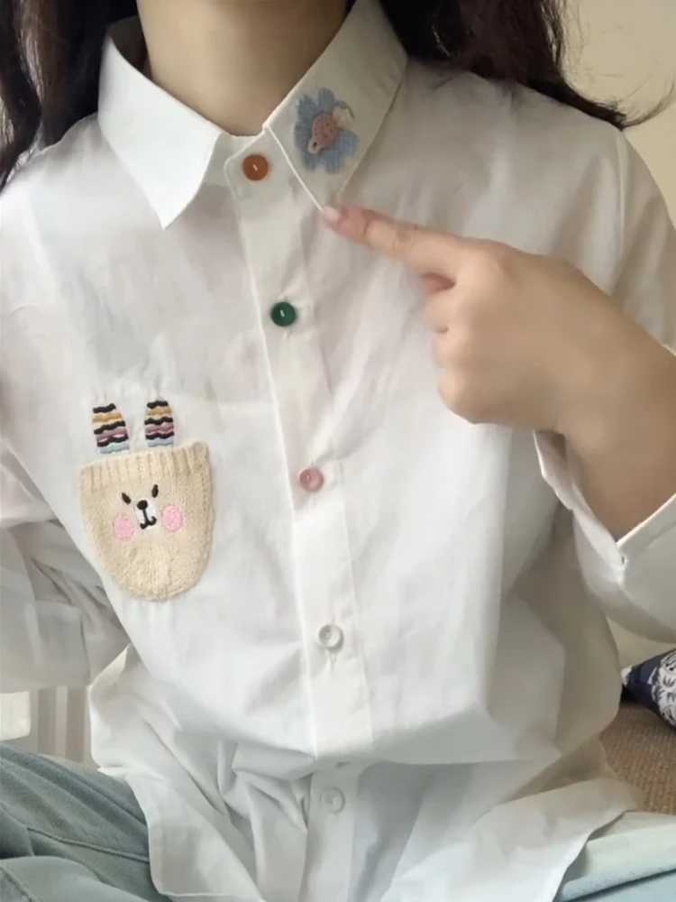 Korean Cartoon Rabbit Embroidery Long Sleeve White Shirt Women's Spring Design Colored Button Flower Blouse Top Sweet Style