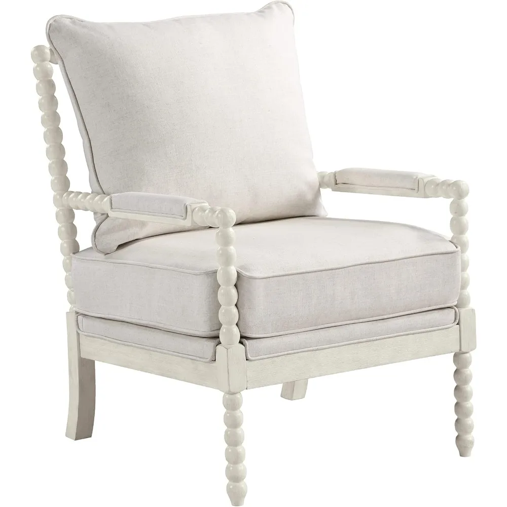 

Furnishings Kaylee Spindle Accent Chair with Antique Wood Frame, 26.5” W x 32.25” D x 37” H, White Linen Fabric