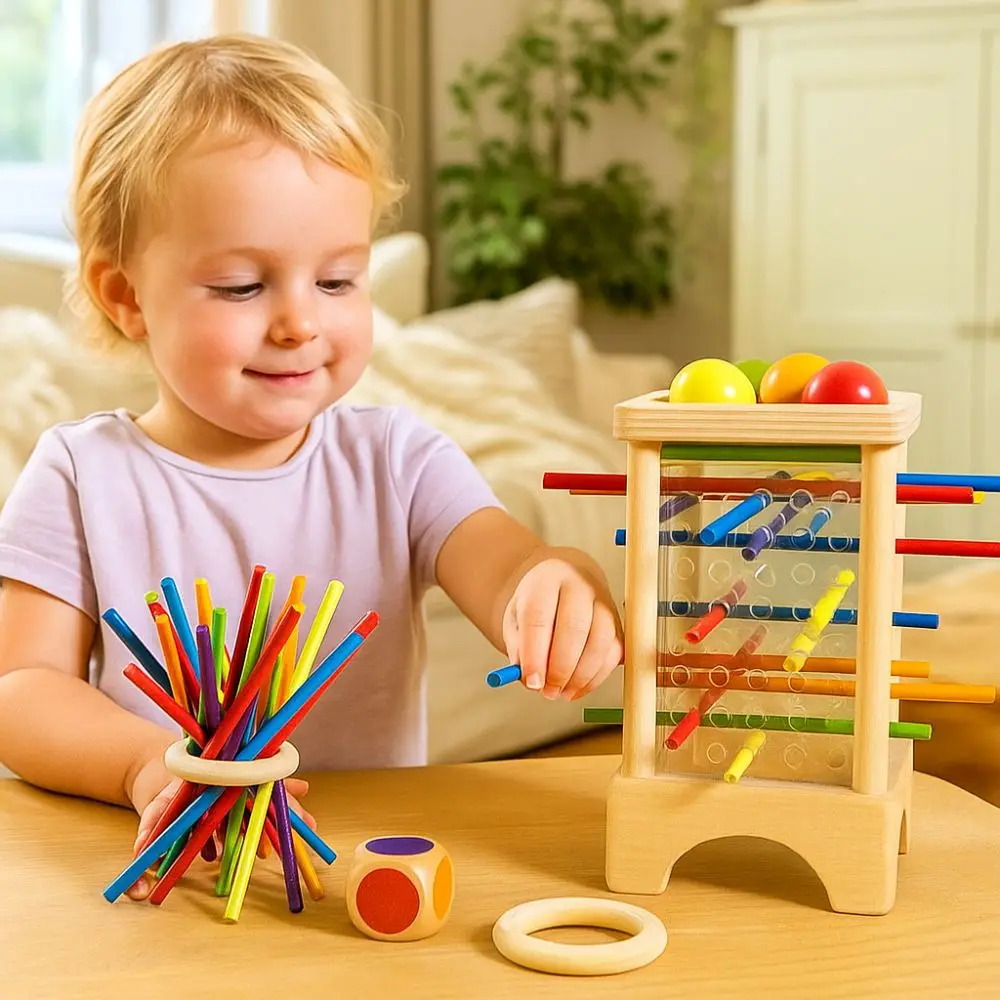 4-stronne drewniane gry planszowe z kolorowymi patyczkami, zabawki edukacyjne, gra Montessori z wpuszczaniem kulek, klasyczna gra rozwijająca motorykę małą