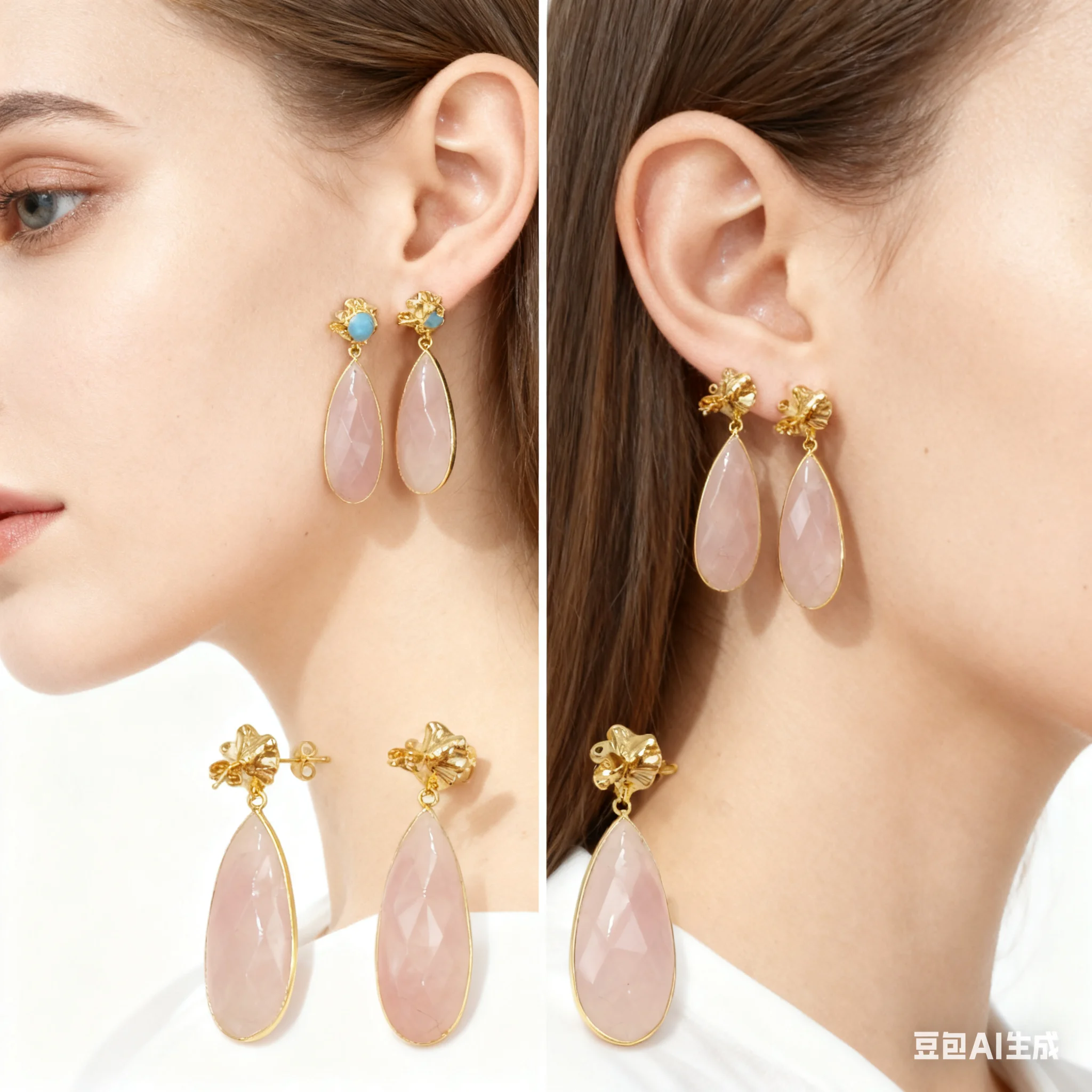 WT-E792 Elegant Style Natural Pink Crystal Drop Shape Women Earring With Turquoise Opal Gemstone 18k Goldplated Studs