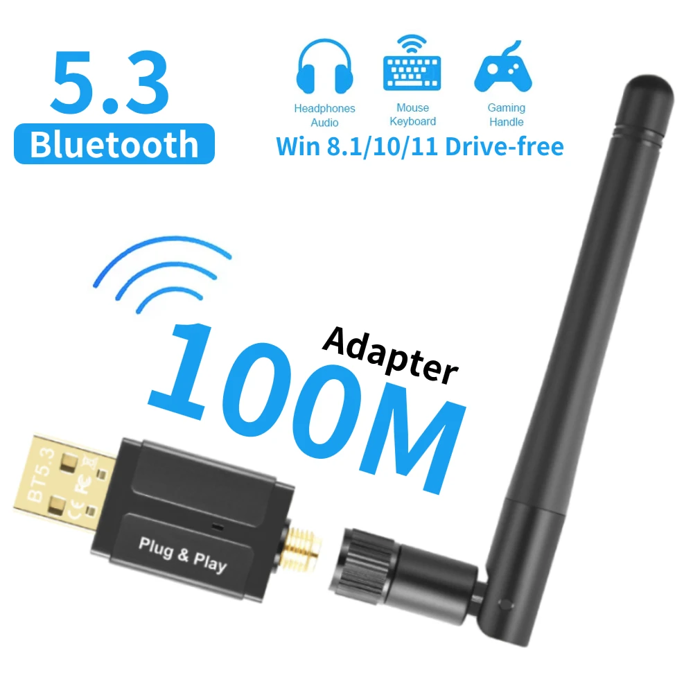 150M 100M Bluetooth5.3 Adapter Free Driver USB Bluetooth Dongle Adaptador for PC Windows 11/10/8.1 Mouse Keyboard Audio Receiver