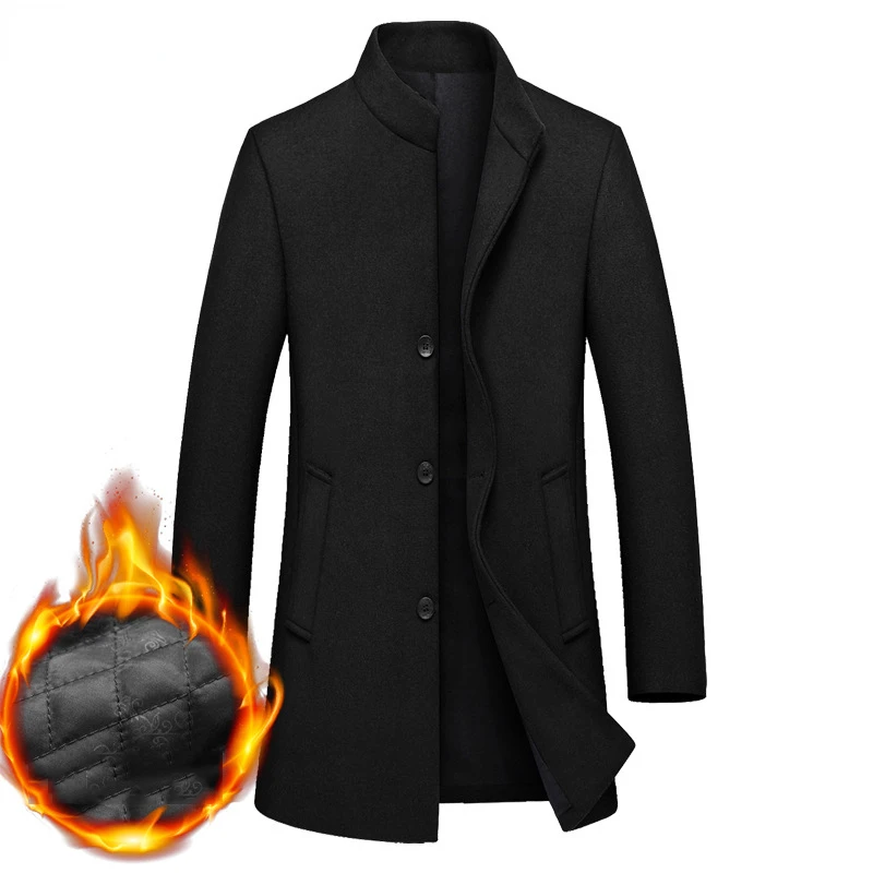 

Black Long Wool Trench Coat Male Winter Quilted Lined Cashmere Coat Mens Slim Fit Woolen Peacoat Overcoat Windbreaker