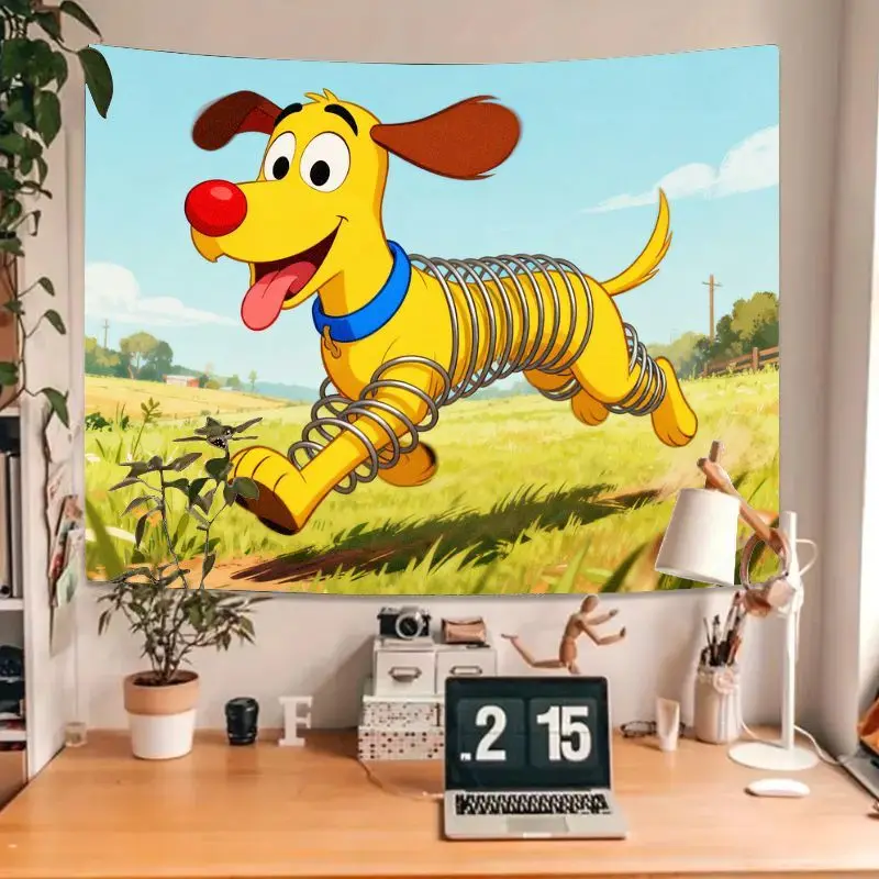 1PC Playful Spring Dog Cartoon Tapestry, Vibrant Polyester Wall Art Kids/Bedroom/Living Room Decor, Funny Dog Lover Gift