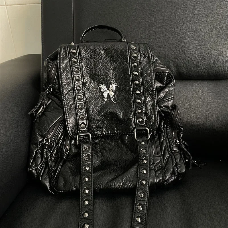 MBTI Y2k Black Womens Backpack Vintage Fashion Gothic Soft Pu Leather School Backpack Large Capacity Men Casual Original Bag Sac