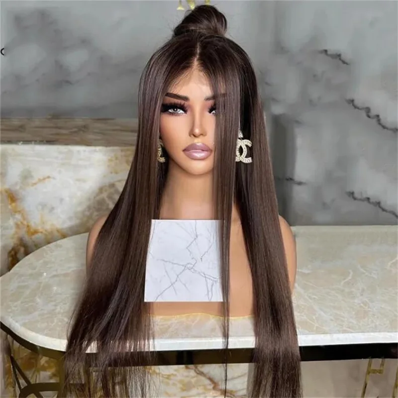 Long 26Inch Brown Silky Straight Glueless 5x5 Silk Base Jewish Human Hair Wig Baby Hair HD Lace European Hair Preplucked