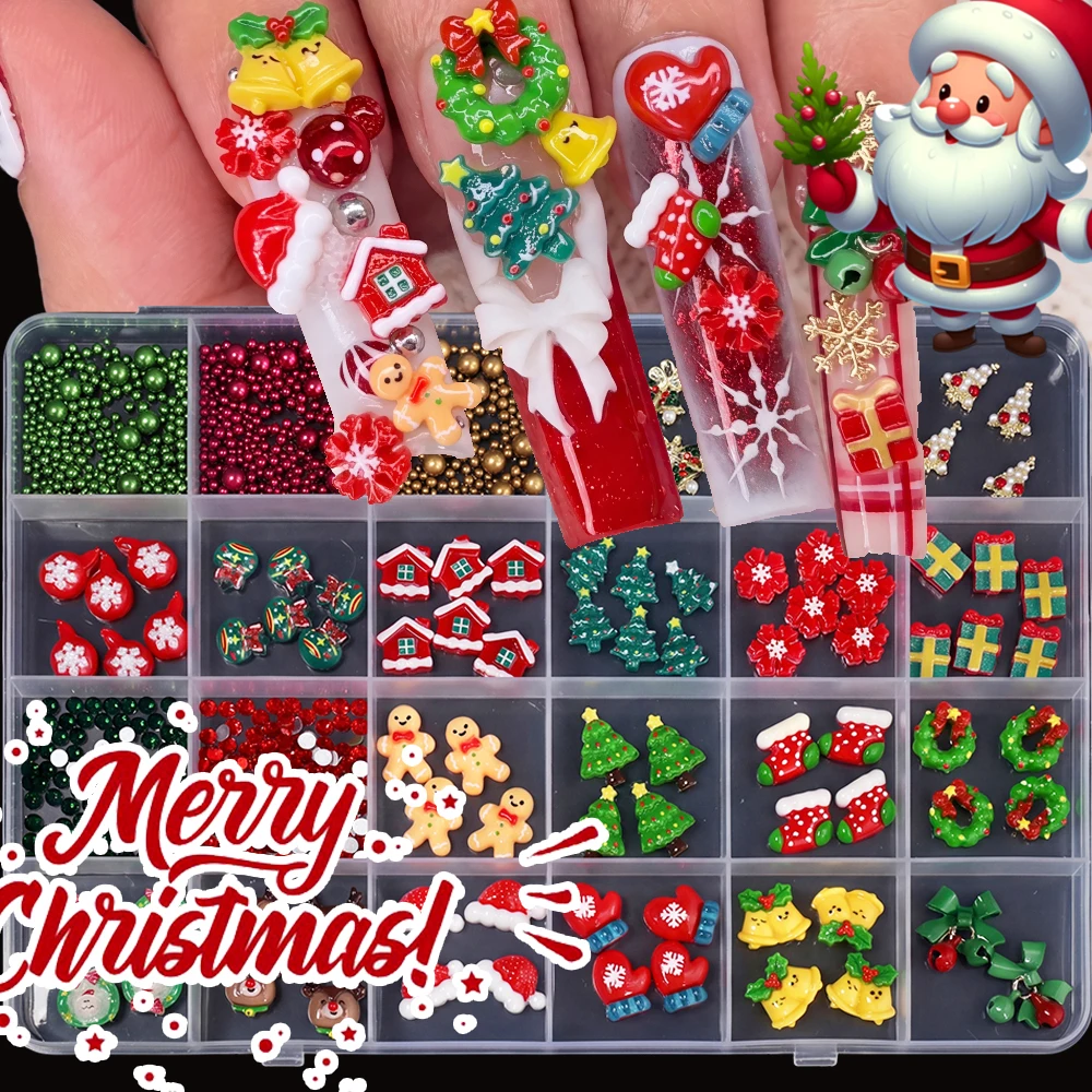 12/24grids Mixed Christmas 3D Resin Santa Hat Gingerbread Tree House Nail Charms With Gold&Silver&Red Round Bead Xmas Nail Parts