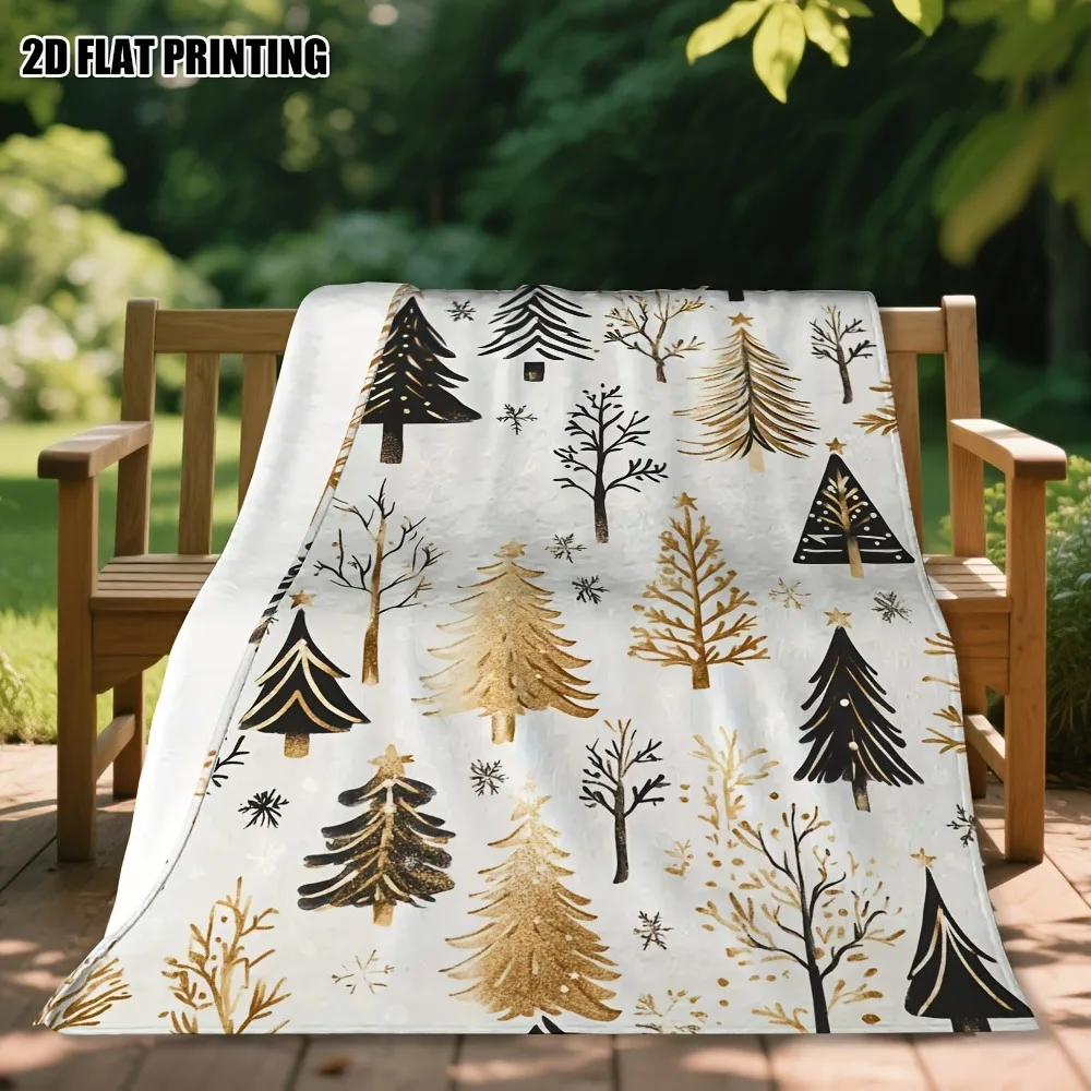 

A luxurious winter snowflake and tree pattern blanket - black and gold Christmas design, suitable for bed and sofa decoration.