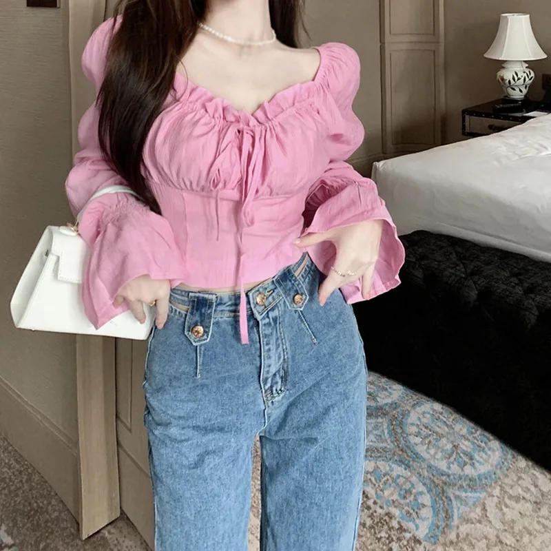 Korean Version Spring And Autumn Solid Color Square Collar Lace Up Slim Fit Sweet Bubble Long Sleeved Short Shirt Top