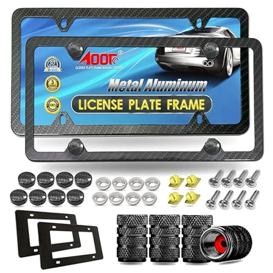 

Carbon Fiber License Plate Frame- Heavy Duty Black Aluminum Car Tag Cover Printed Carbon Patterns, Slim Front and Rear Holders