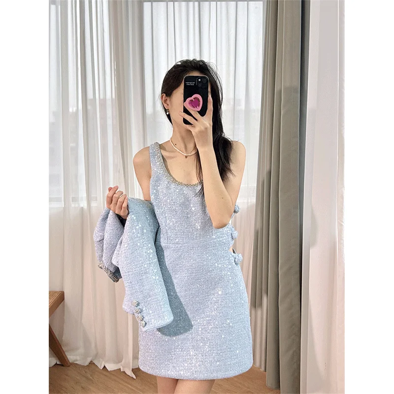 2024 Early Spring Blue Dress Women's New Round Neck Sequin Diamonds Hanging Strap Off The Waist Dresses Female Clothing