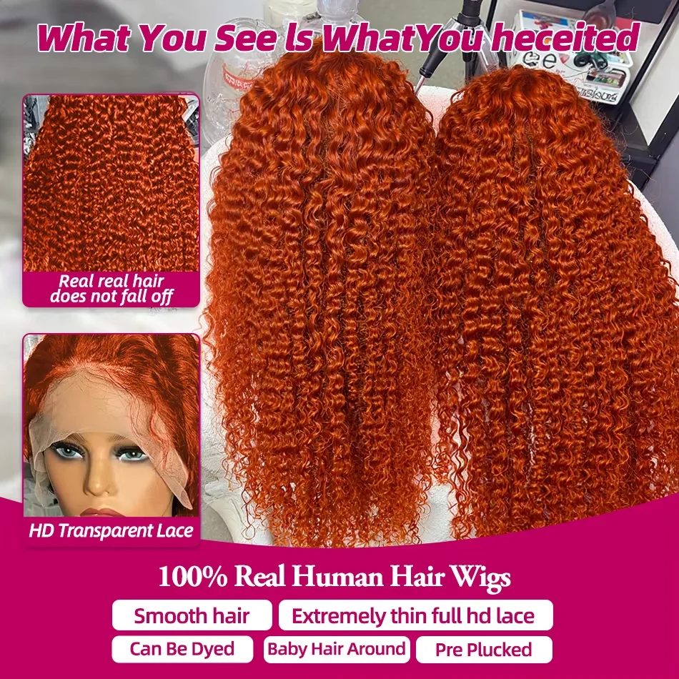 30 40 بوصة 350 الزنجبيل البرتقالي موجة عميقة 13x4 13x6 HD الدانتيل الباروكة الأمامية شعر الإنسان مجعد # 350 شعر مستعار مموج مائي بدانتيل أمامي ملون