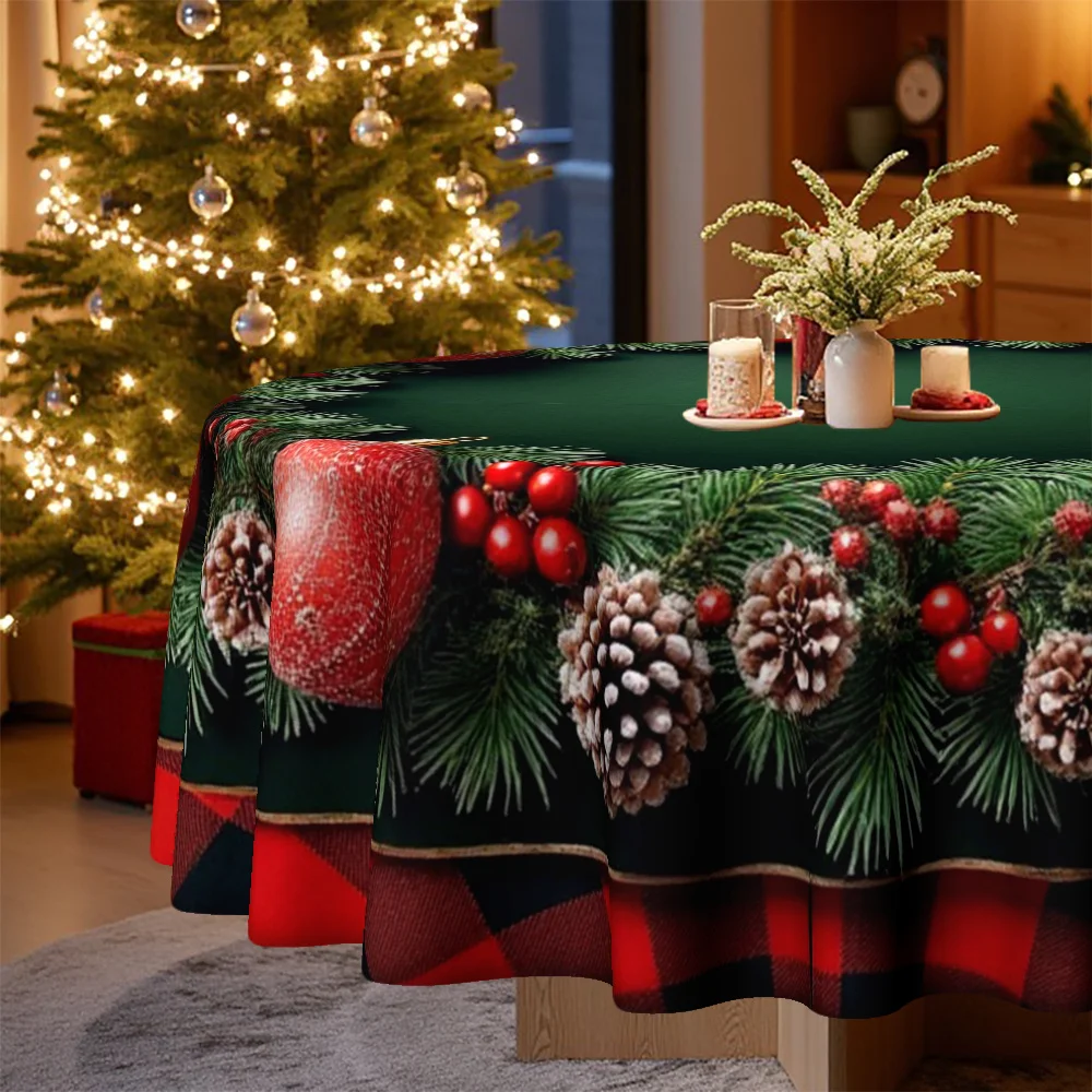 2D flat tablecloth, 1 piece per pack, circular Christmas tablecloth, checked border and wreath patternzyc