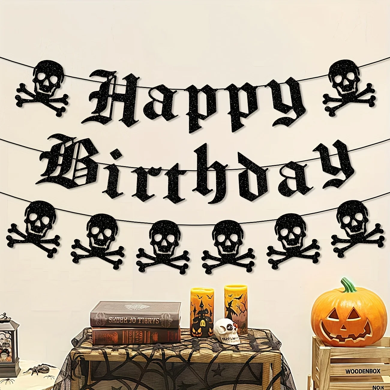 Gotisches Happy Birthday-Banner, schwarzer Glitzer, altenglische Totenkopf-Girlande, lustiges Bestattungs-Geburtstags-Banner für die Schrei-Party, 20. 30.