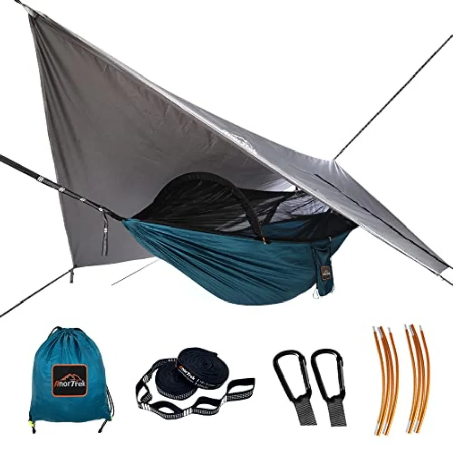 

Camping Hammock with Mosquito Net and Rain Fly Tarp, 230T Nylon, Blue, Portable Double Hammock with Two Tree Straps for Hiking,