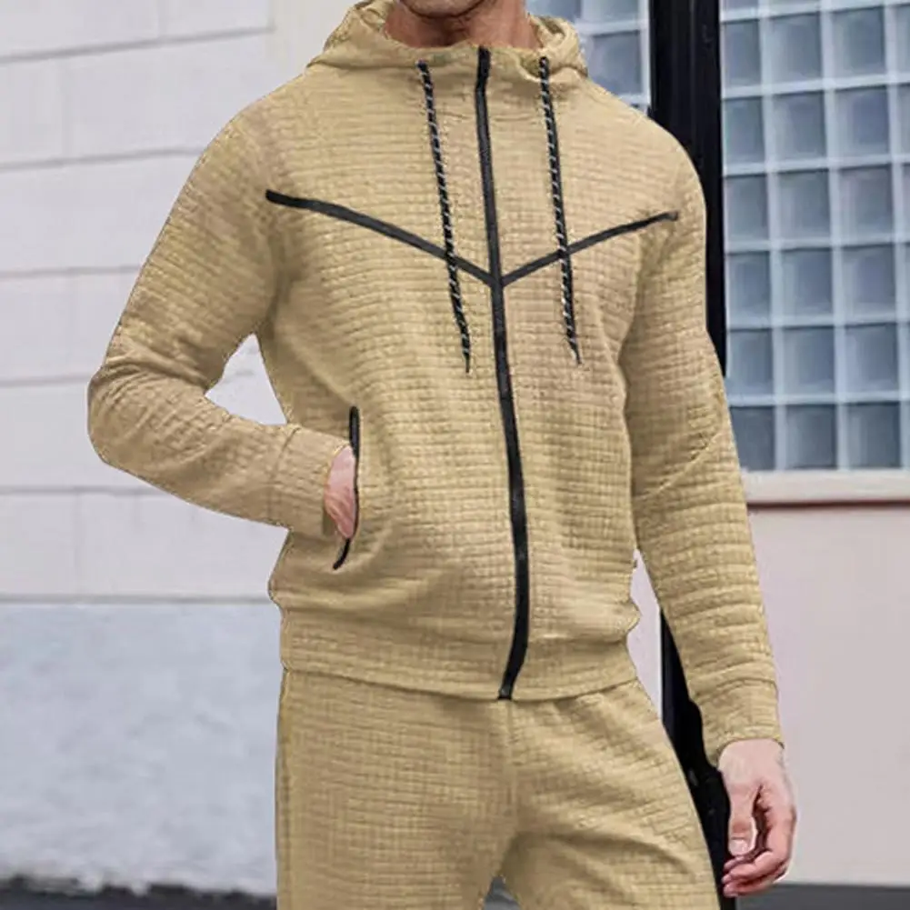 Men Autumn Winter Sweatshirt Hooded Drawstring Long Sleeve Pockets Zipper Placket Hoodie Waffle Texture Sport Coat