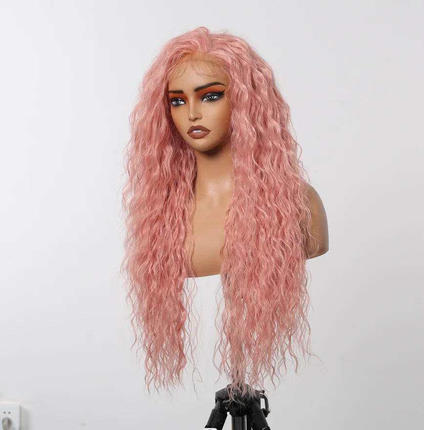 LOUIS FERRE Deep Wave Curly Hair Long Pink Wigs for Black Women 13*6 Lace Front Synthetic Wigs With Baby Hair Daily Party Wig