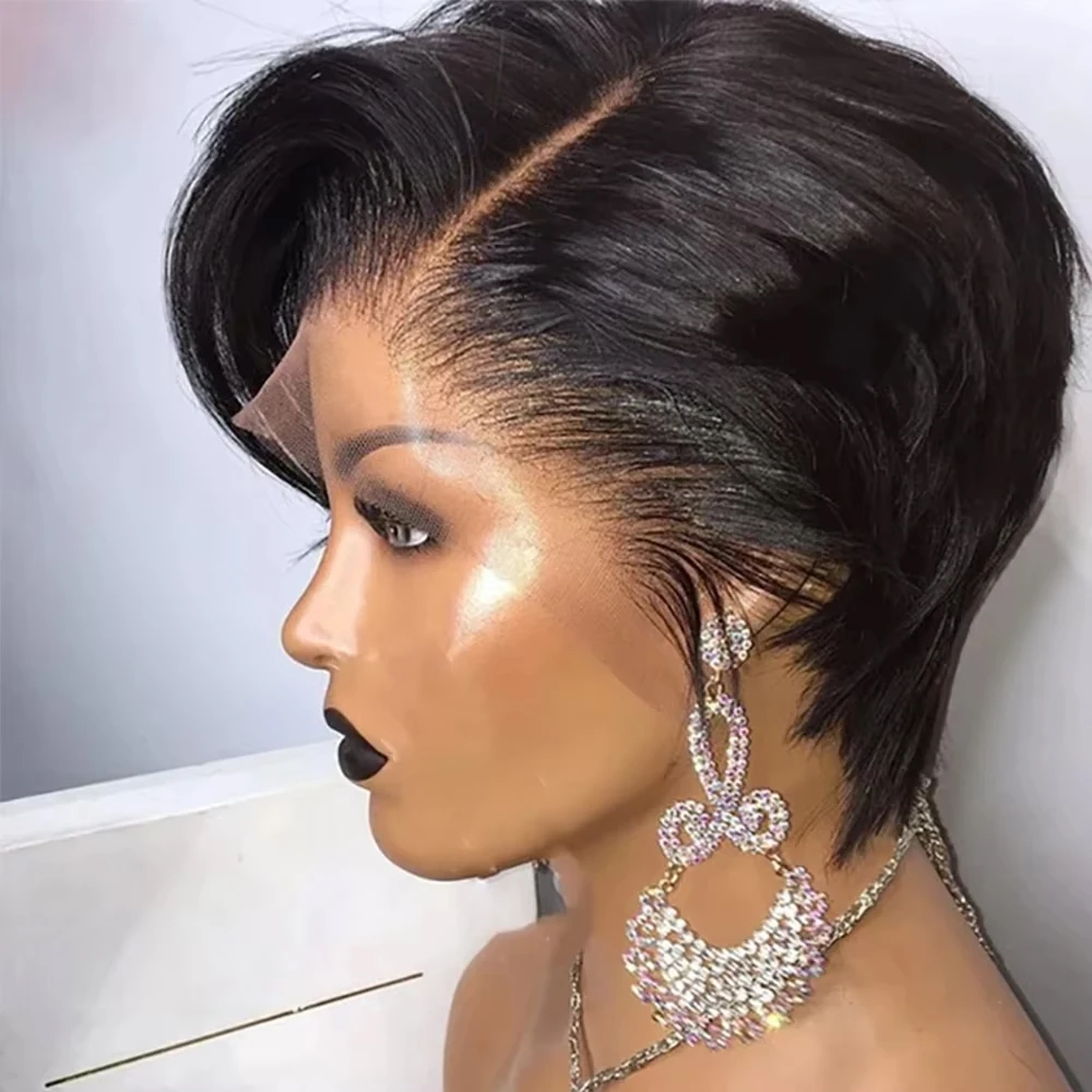 Seitlich geteilte Perücke aus Echthaar, 13x4 Lace Frontal Perücken, Pixie Transparente Kurze Bob Echthaarperücken für Frauen, Lace Front Echthaarperücken