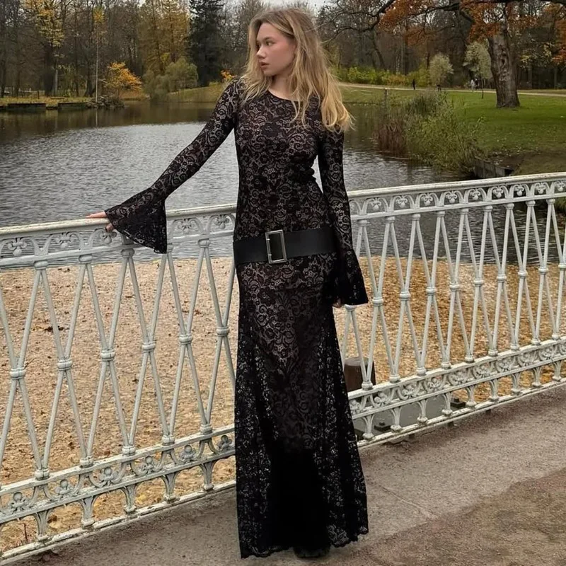 

Tuularose Luxury Lace Evening Dress Sexy Lace See Through High Waist Hollow Backless Dress Elegant Party Looks Women Long Dress
