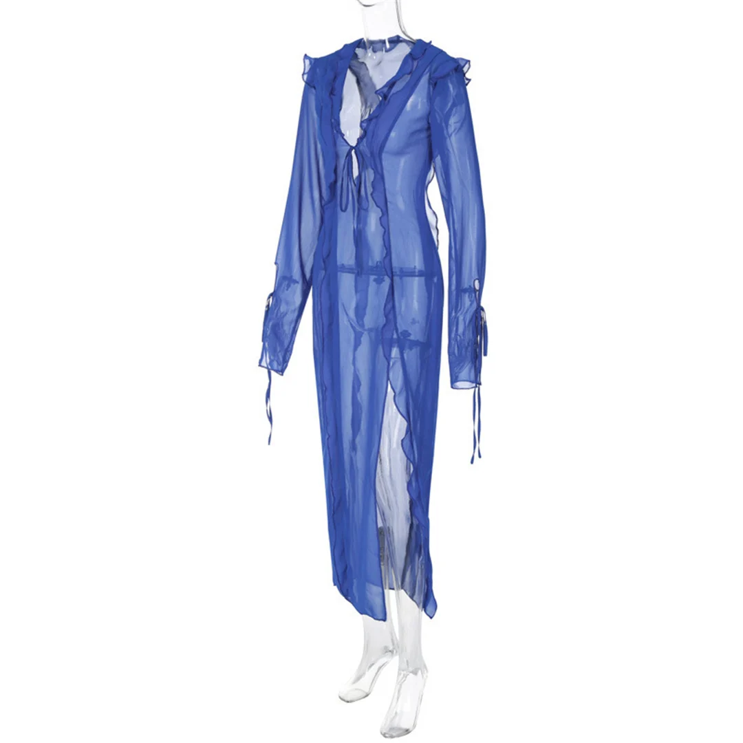 Langes Kleid mit tiefem V-Ausschnitt und hohem Schlitz, Rüschen, Strand-Cover-Up, Bikini-Cover-Up, Strandkleid, Strandmode, Damen V4440 – Detail 15