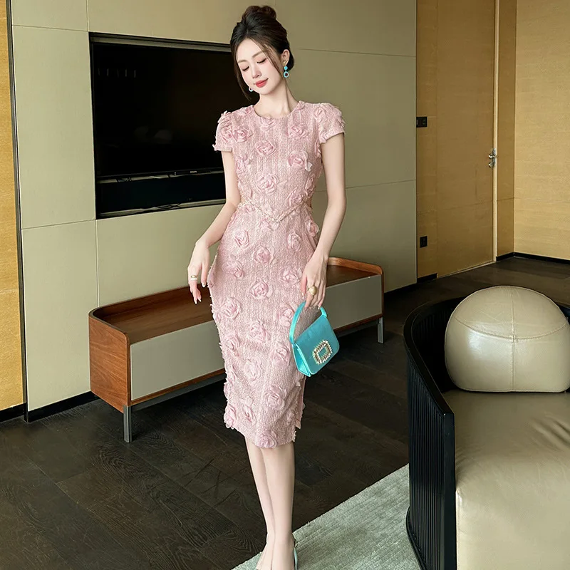 2024 Summer New Women's Hollow Flower Knitted Pink Dress