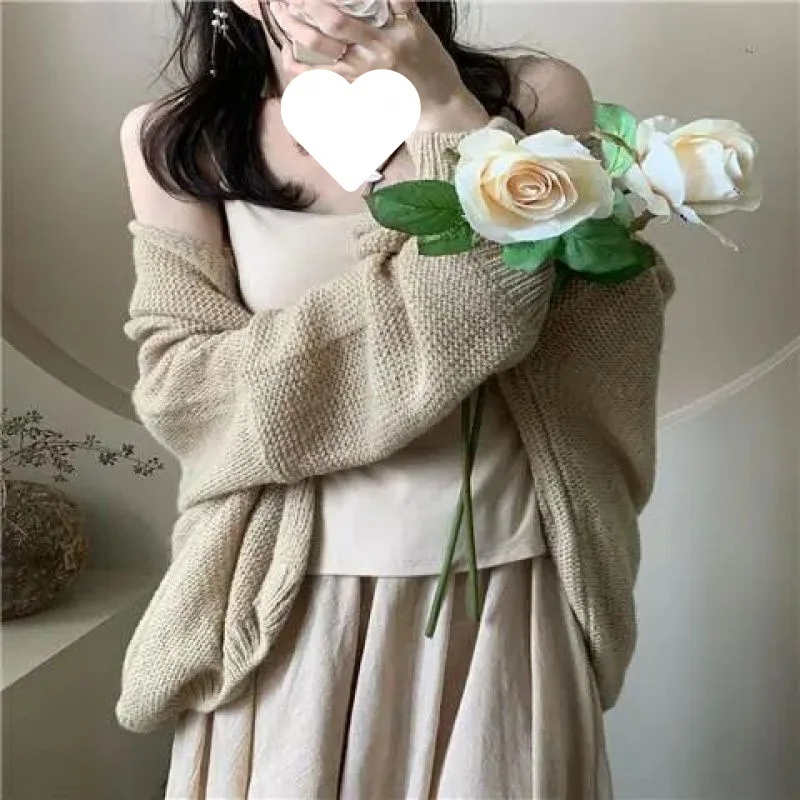 Pure Desire Wind Set Women's Spring 2024 New Sweater Cardigan+Neck Hanging Tank Top+Half Length Long Dress Three Piece Set Dress