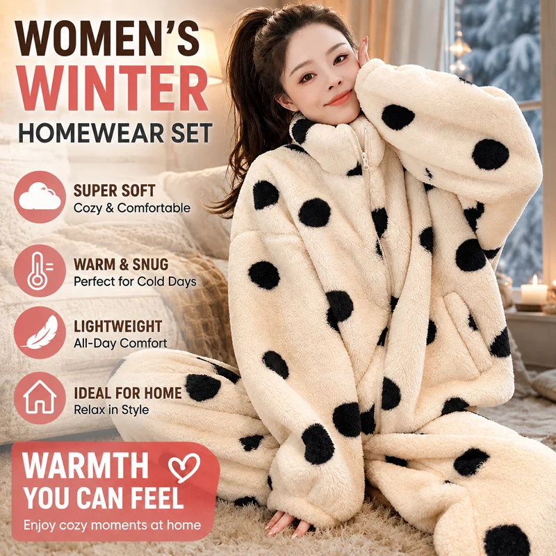 Winter Coral Fleece Loungewear Set with White Polka Dot Thick Long Pants 2-Piece Comfortable Home Suit Warm Cozy Sleepwear