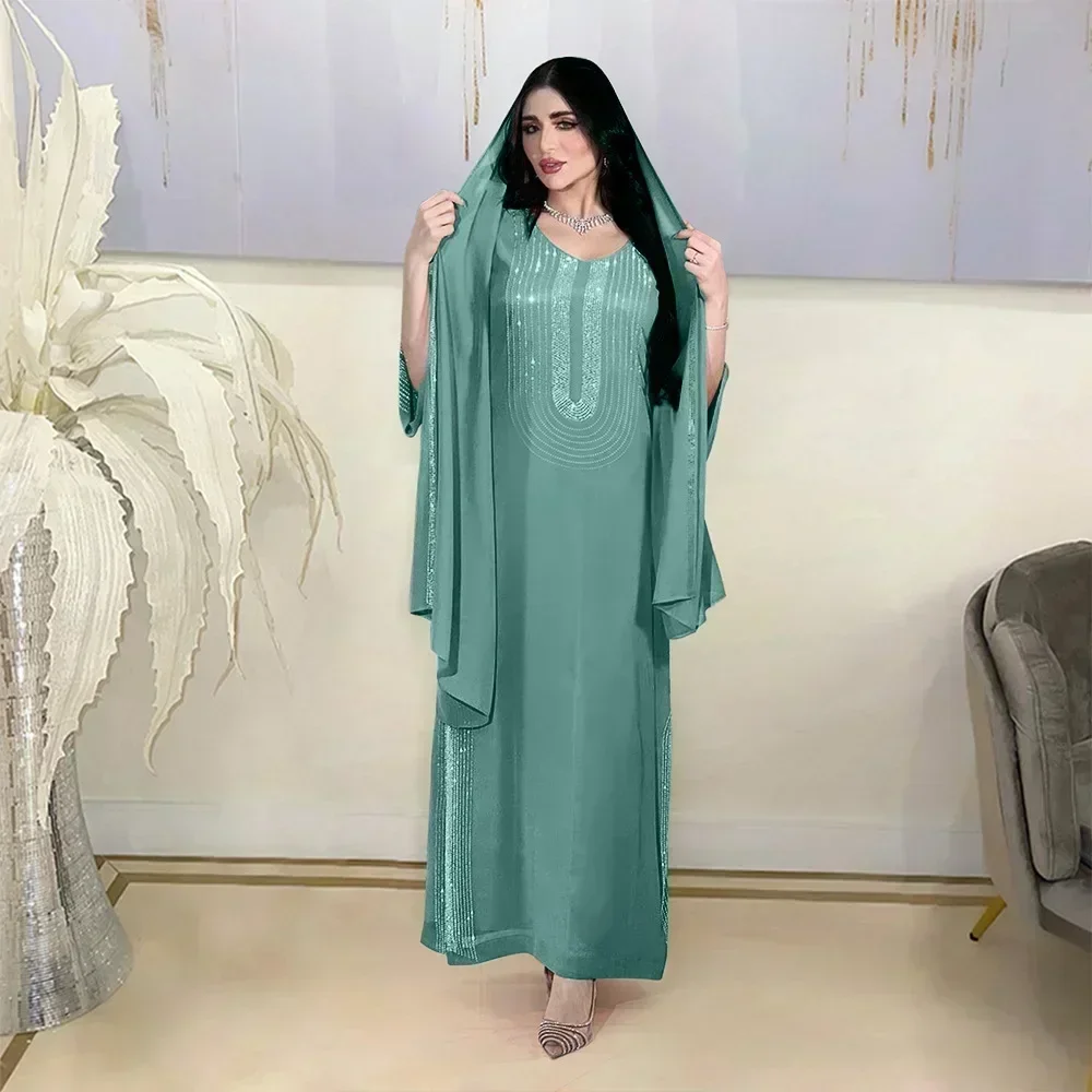 2pcs Set Chiffon Abaya Hijab Diamonds Loose Robe Dresses Muslim Gown for Women Split Hem Jalabiya Dubai Turkey Islamic Clothing