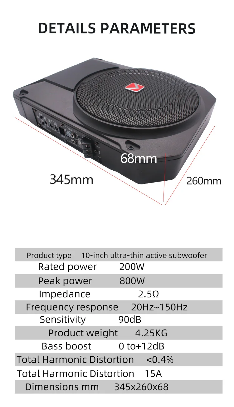 Subwoofer para Auto K-P10APR, Nuevo Diseño, 10 Pulgadas, 800W, Bajo Asiento, Modificado, 12V, Amplificador de Gran Potencia, Subwoofer Delgado para Auto, Venta al Por Mayor