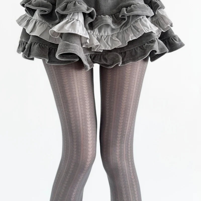Retro Vertical Striped Hollow Heart Jacquard Pantyhose Lolita Grey Tone Black Sheer Tights Fashion Ladies Matching Hosiery