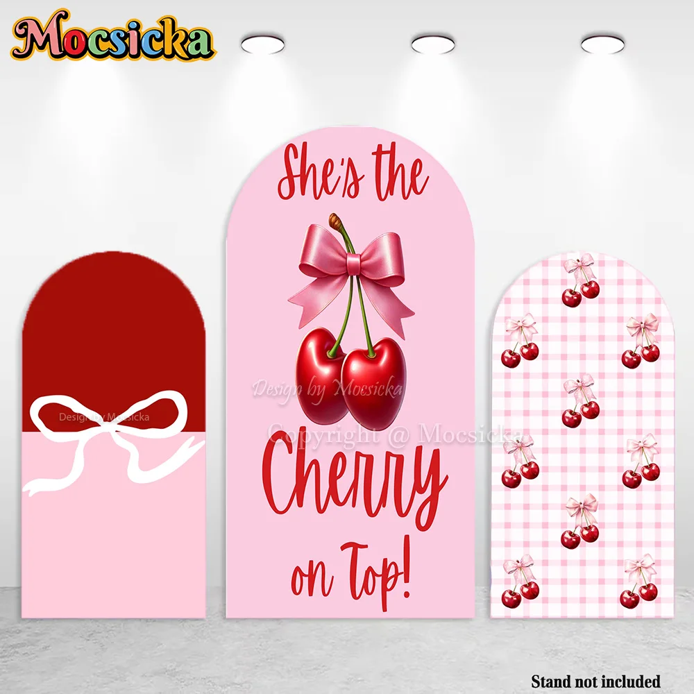 

Mocsicka Custom Chiara Arch 2-сторонний фон She's Cherry on top фон для дня рождения с розовым бантом для девочек Photo Booth Studio