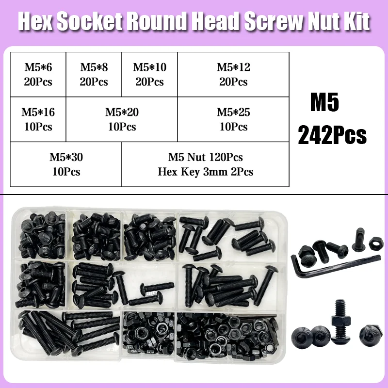 Sechs kant schraube und Muttern satz m2 m3 m4 m5 m6 schwarz 10,9 Grad Knopf kopf Innen sechs kant schraube Sechs kant buchse Rundkopf Inbus schraube – Detail 10