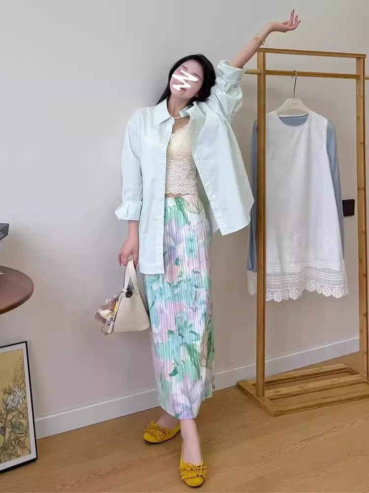 Summer 2026 High Waist Pleated Straight Cut Floral Half Skirt Versatile Stylish Design Casual Polyester Fiber Midi Skirt