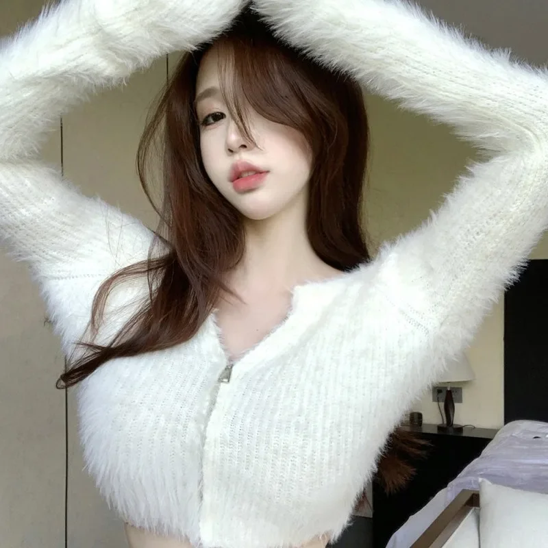 Winter Short Sweater Temperament Gentle Mink Coat Temperament Off Shoulder Zipper Plush Knitted Cardigan Tops